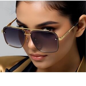 Chic‎ Oversized Square Sunglasses Gold Metal Frame Women's Fashion Eyewear Gafas